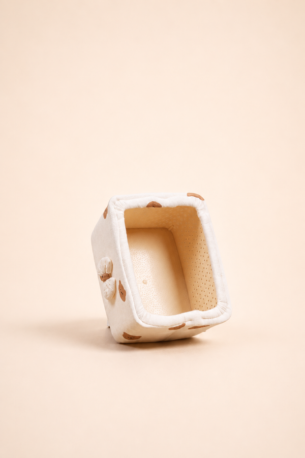 Small rectangular basket, muslin bear print lining, angled view