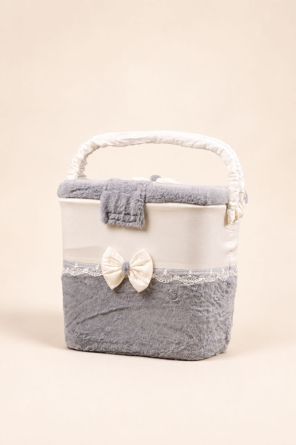 Large Basket, grey plush fur, angled view