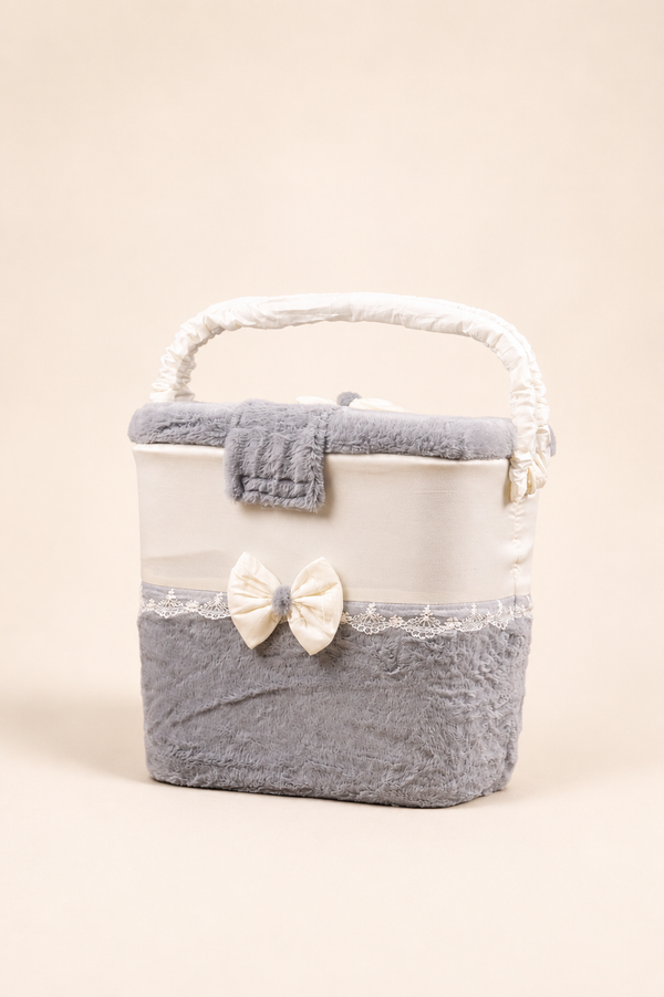 Large Basket, grey plush fur, angled view