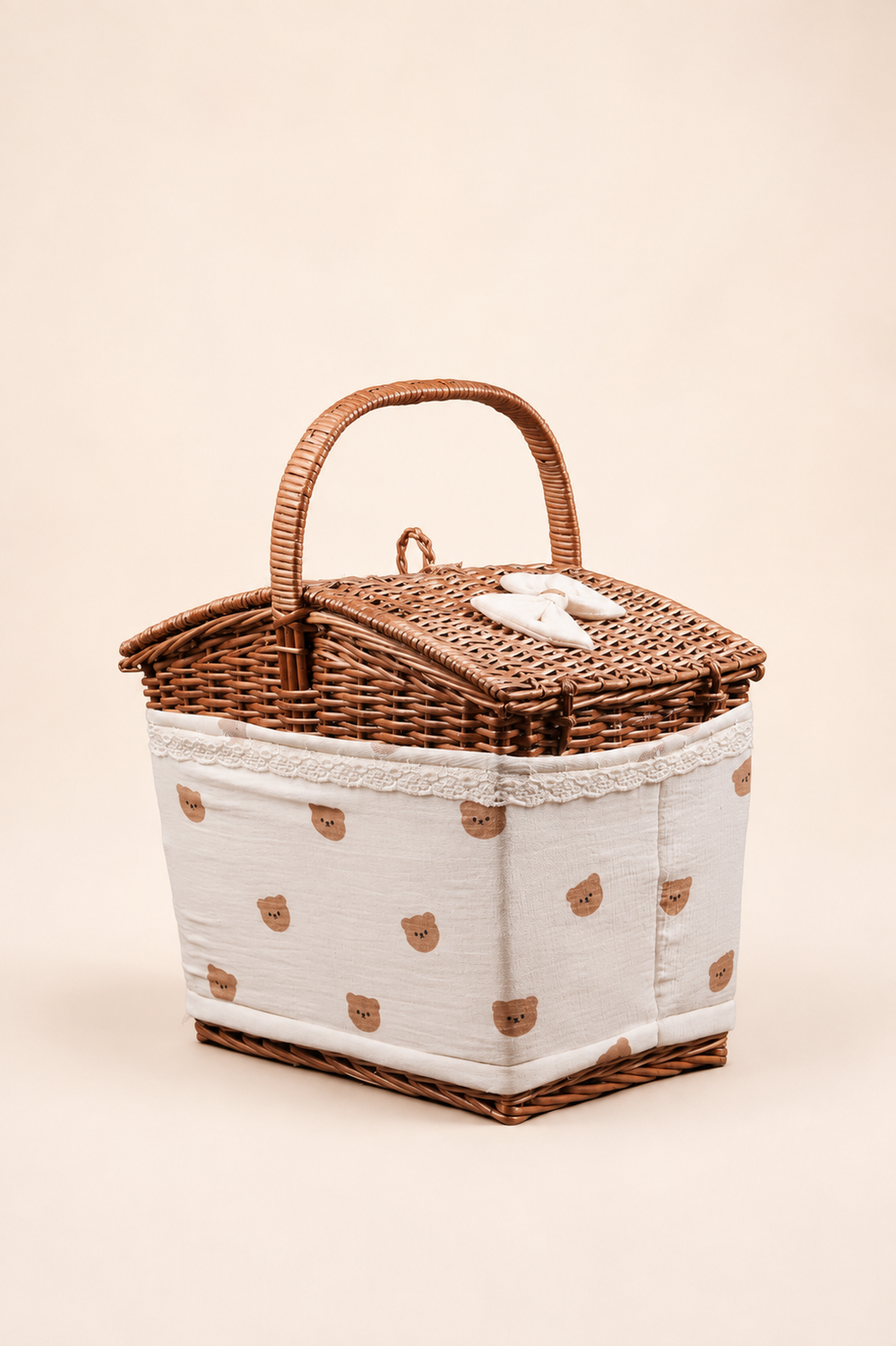 Round Cane Basket, muslin bear print lining, front view