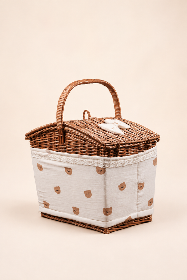 Round Cane Basket, muslin bear print lining, front view