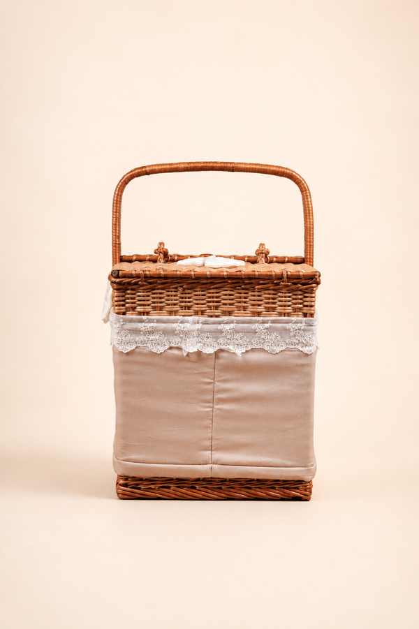 Square Cane Basket, cotton lining, front view