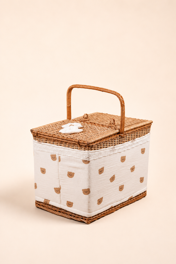 Square Cane Basket, muslin lining with bear print, angled view